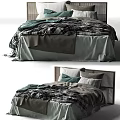 Modern Double Bed with Wicker Headboard Plaid Quilt and Green Gray Pillows