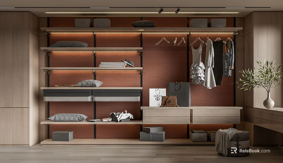 Modern Walk in Closet Design With Wooden Shelves Hanging Clothes Folded Clothes And Storage Boxes 3d model 
