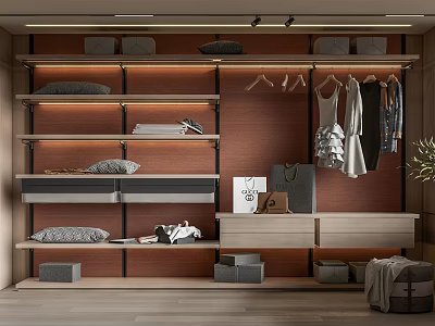 Modern Walk in Closet Design With Wooden Shelves Hanging Clothes Folded Clothes And Storage Boxes 3d model
