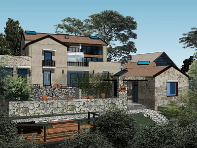Traditional Rustic Guesthouse With Stone Walls Red Tiled Roof And Lush Greenery 3d model
