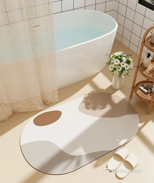 White Bathtub with Beige Shower Curtain Rattan Shelf Vase with Daisies and Oval Bath Mat 3d model 
