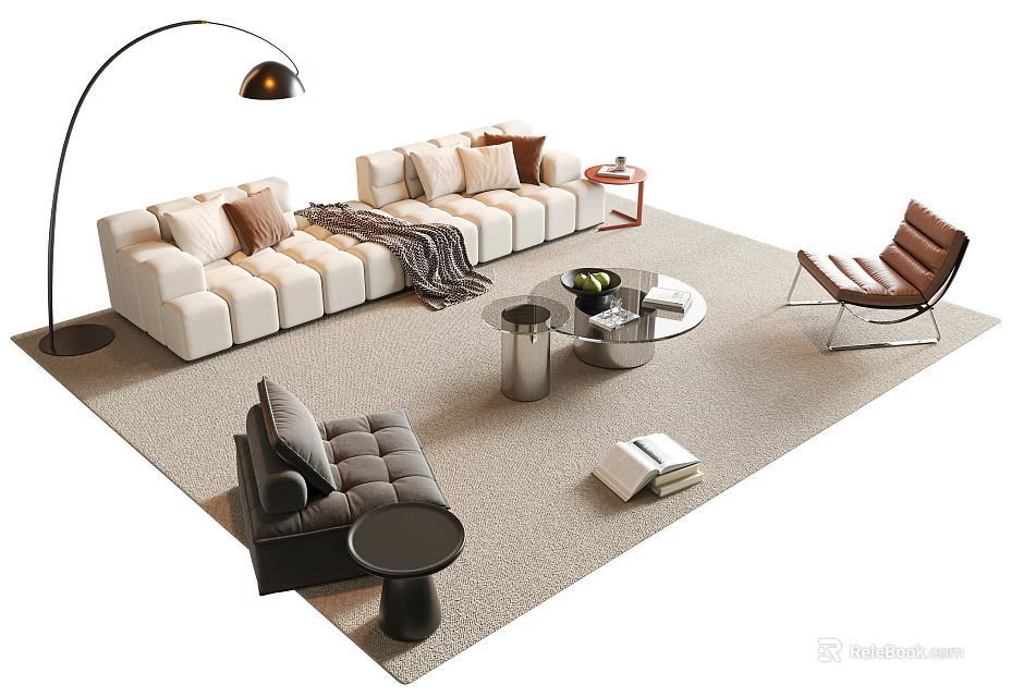 Plush White Sofa Coffee Table Set With Floor Lamp And Brown Accent Chair 3d model 