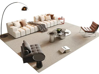 Plush White Sofa Coffee Table Set With Floor Lamp And Brown Accent Chair 3d model