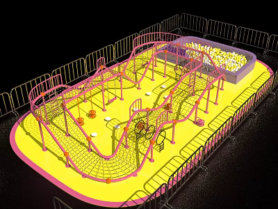 Colorful Playground Equipment With Pink Climbing Nets Yellow Floor Purple Ball Pit And Safety Fences 3d model