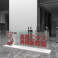 Modern Front Desk Reception Area With Red Digital Screen Marble Floor And Red Velvet Ropes