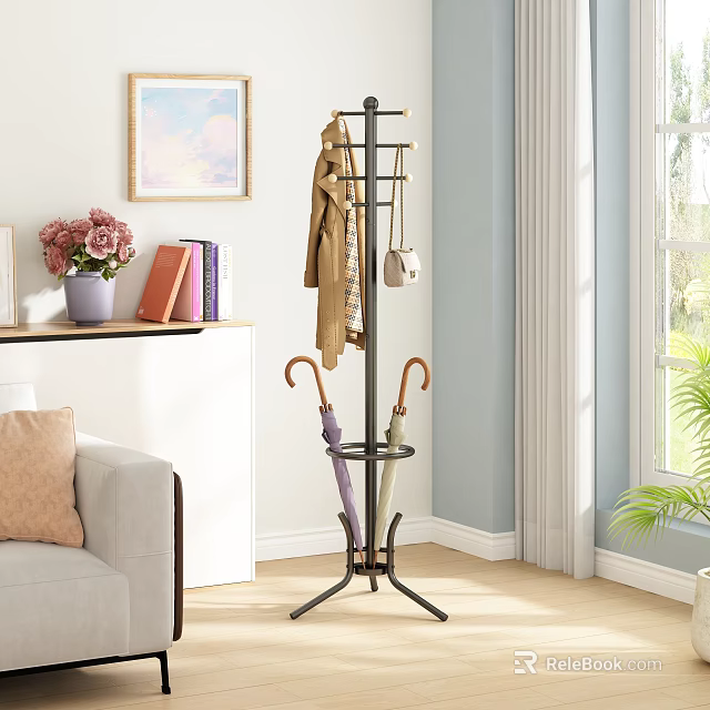 Black Metal Standing Coat Rack with Hooks for Coat Bag and Umbrellas Sturdy Base 3d model 