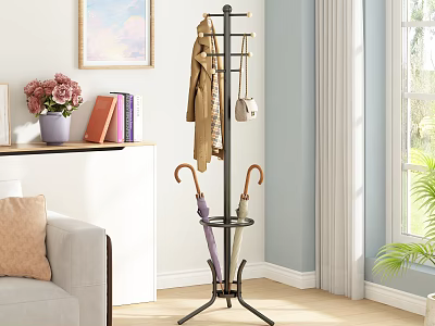 Black Metal Standing Coat Rack with Hooks for Coat Bag and Umbrellas Sturdy Base 3d model