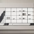 Modern Decorative Cabinet With Glass Doors Open Shelves And Marble Countertop