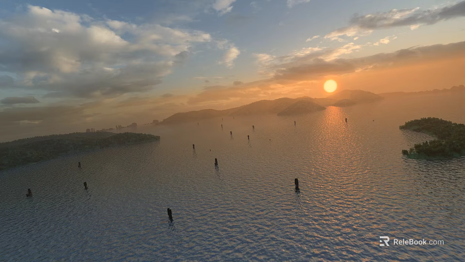 Stunning Sunset Lake Landscape With Distant Misty Mountains And Golden Sunlight Shining On Calm Water 3d model 