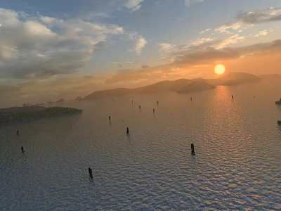 Stunning Sunset Lake Landscape With Distant Misty Mountains And Golden Sunlight Shining On Calm Water 3d model