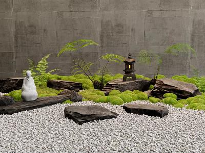 Natural Stone Wood Landscape With Gray Wall Moss Ferns White Statue And Black Lantern 3d model