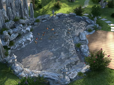 Natural Rock Surrounded Water Fountain with Koi Fish Wooden Deck Green Plants And Stone Steps 3d model