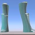 Two Green Modern Architecture Towers With Diamond Pattern Against Blue Sky
