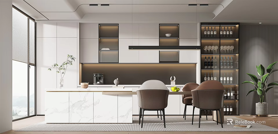 Modern Open Restaurant Interior With White Cabinets Brown Chairs And Marble Countertop 3d model 