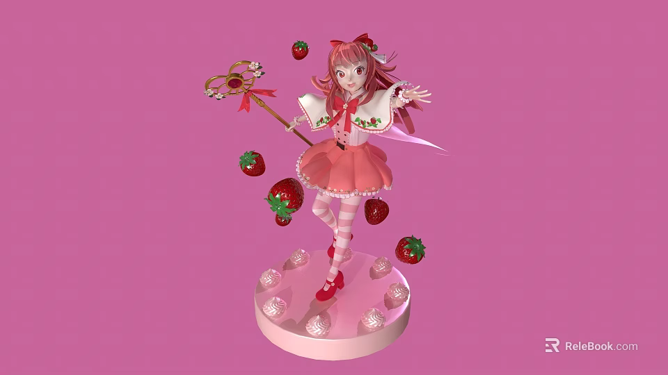 Strawberry Themed Girl Holding Magic Wand on Pink Background with Floating Strawberries and Decorative Base 3d model 