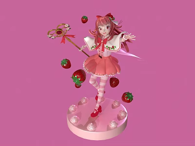 Strawberry Themed Girl Holding Magic Wand on Pink Background with Floating Strawberries and Decorative Base 3d model