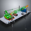 Floating Work Platform With Green Crane Blue Containers And Wooden Logs