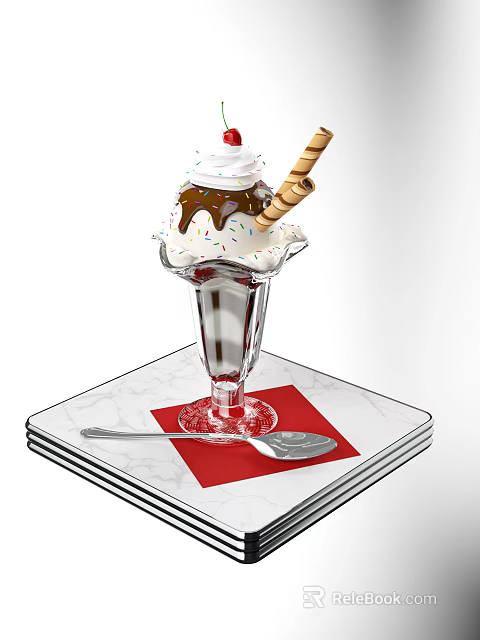 Ice Cream Sundae in Glass with Whipped Cream Chocolate Sauce Colorful Sprinkles and Waffle Stick 3d model 