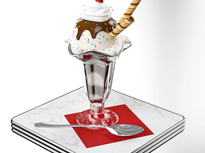 Ice Cream Sundae in Glass with Whipped Cream Chocolate Sauce Colorful Sprinkles and Waffle Stick 3d model