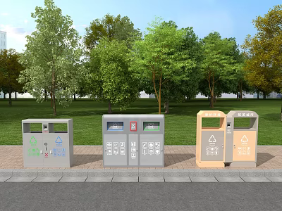 Public Park Classified Trash Bins With Recycling Signs And Green Trees 3d model