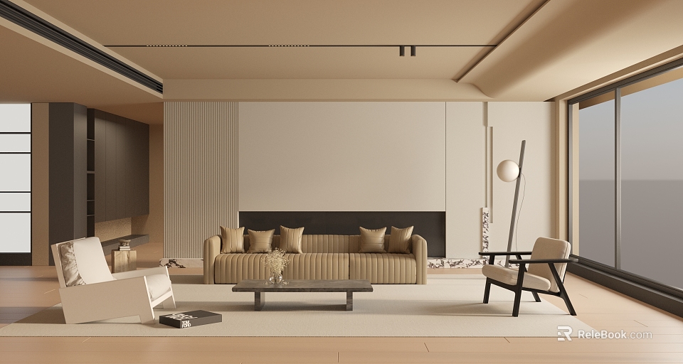 Modern Living Room Interior With Beige Sofa Coffee Table Floor Lamp And Armchair 3d model 
