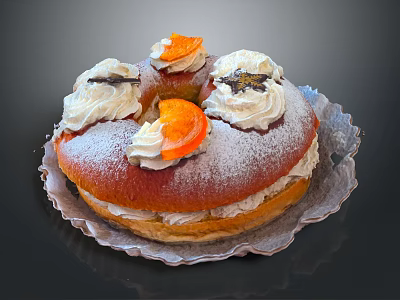 Delicious Cream Ring Cake With Powdered Sugar Whipped Cream And Orange Decorations On Silver Tray 3d model
