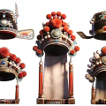 Traditional Chinese Peking Opera Headdress Hanging Decorations With Red Pom Poms And Intricate Designs
