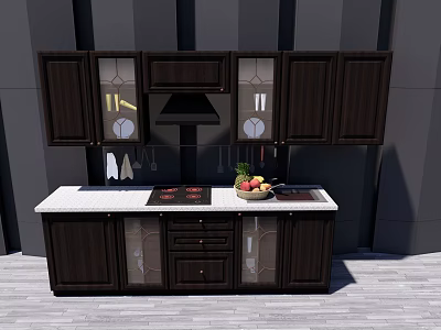 Dark Brown Wooden Kitchen Cabinets With Countertop Stove And Fruit Basket 3d model