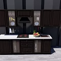 Dark Brown Wooden Kitchen Cabinets With Countertop Stove And Fruit Basket