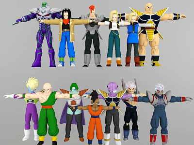Anime Game Characters in Standing Pose with Diverse Colorful Costumes and Outfits 3d model