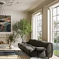 Elegant Bright Spacious Living Room With Fireplace Chandelier Artworks Indoor Plants And Comfortable Sofas