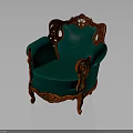 Vintage Green Velvet Armchair With Red Carved Wooden Frame And Curved Legs