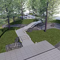 Tranquil Park Landscape With Stone Bridge Gravel Stream Tall Trees And Lush Grass