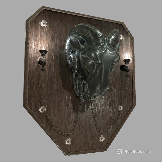 Metallic Ram Head Wall Sconce with Wooden Backplate and Decorative Chain Details 3d model 