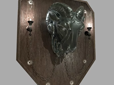 Metallic Ram Head Wall Sconce with Wooden Backplate and Decorative Chain Details 3d model
