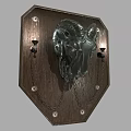 Metallic Ram Head Wall Sconce with Wooden Backplate and Decorative Chain Details