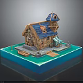 Wooden Waterfront Cottage With Blue Roof Small Boat Steps And Dock Display Model