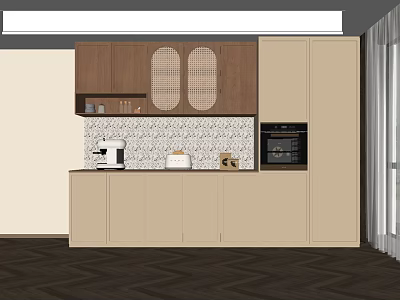 Modern Kitchen With Elegant Wooden Wine Cabinet And Integrated Appliances 3d model