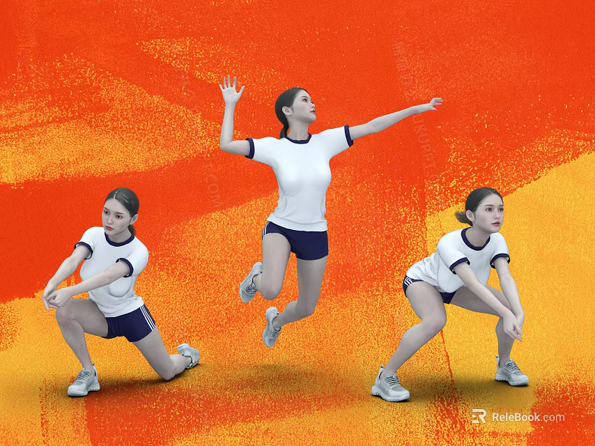 Three Women Performing Different Exercise Movements On Orange Yellow Abstract Background 3d model