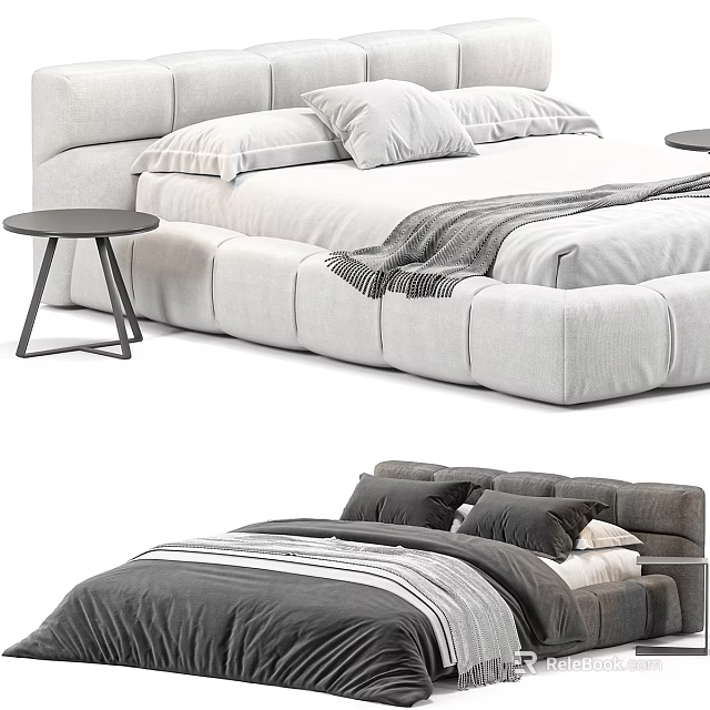 Modern Light And Dark Double Bed Interior With Soft Pillows Blanket And Side Table 3d model 