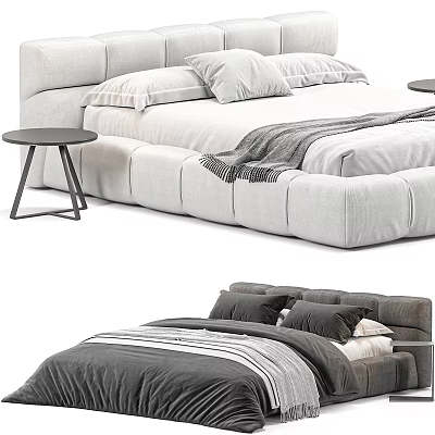 Modern Light And Dark Double Bed Interior With Soft Pillows Blanket And Side Table 3d model