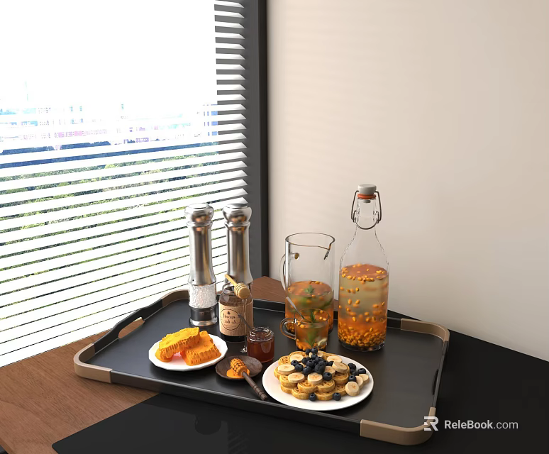 Indoor Breakfast Tray with Fresh Fruits Bread Jam and Drink Bottles by Window Blinds 3d model 
