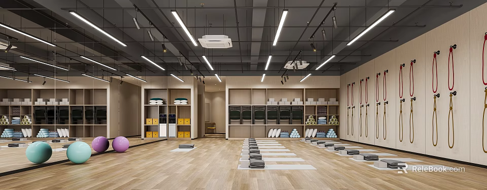 Modern Fitness Studio With Yoga Mats Stacked On Wooden Floor Lockers And Workout Equipment 3d model 
