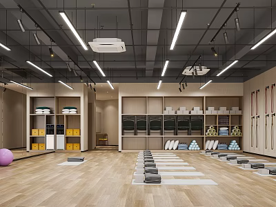 Modern Fitness Studio With Yoga Mats Stacked On Wooden Floor Lockers And Workout Equipment 3d model