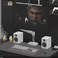 Modern Gaming Computer Setup with Monitor Stand Speakers Keyboard Mouse and Desk Accessories