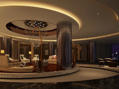 Luxurious Hotel Lobby Interior With Circular Ceiling Decorative Columns Chandelier And Comfortable Seating 3d model