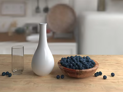 White Ceramic Vase With Blueberries In Wooden Bowl On Kitchen Table 3d model