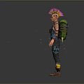 Man with Pink Mohawk Wearing Blue Vest Cargo Pants Yellow Knee Pads and Brown Boots