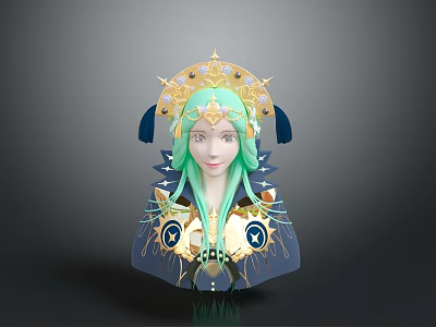 Fantasy Elf Character With Green Hair And Golden Headdress Feather Decoration 3d model