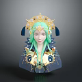 Fantasy Elf Character With Green Hair And Golden Headdress Feather Decoration